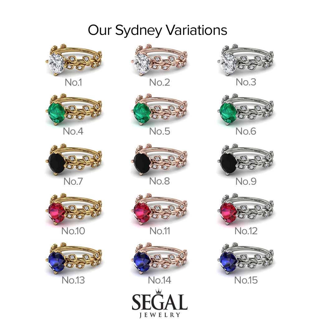 Hers 2 Carat Black Diamond Engagement Ring Leaves All Around - Sydney 2ct No. 67